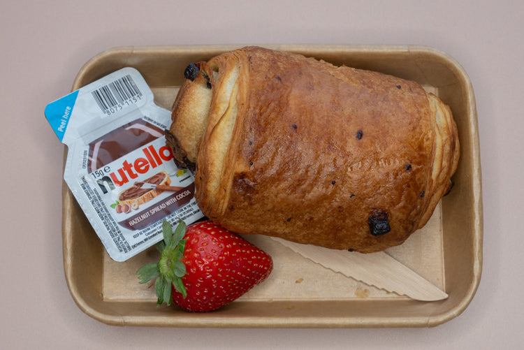 Individual pain au chocolat box with Nutella and strawberry – breakfast catering delivery Manchester