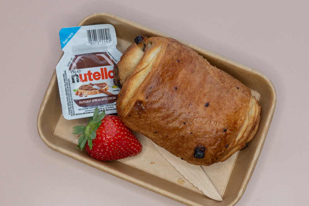 Individual pain au chocolat box with Nutella and strawberry – breakfast catering delivery Manchester
