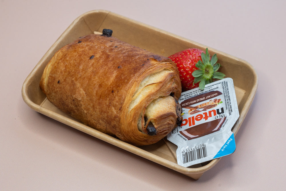 Individual pain au chocolat box with Nutella and strawberry – breakfast catering delivery Manchester