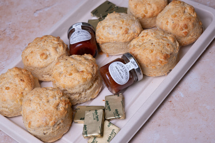 Cheese scone catering platter with individual butter and chutney by Graze Manchester
